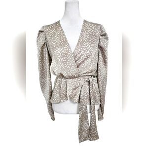 EXPRESS Satin Polka Dot Print V Neck Puff Sleeve Wrap Tie Blouse.Taupe/white.XS